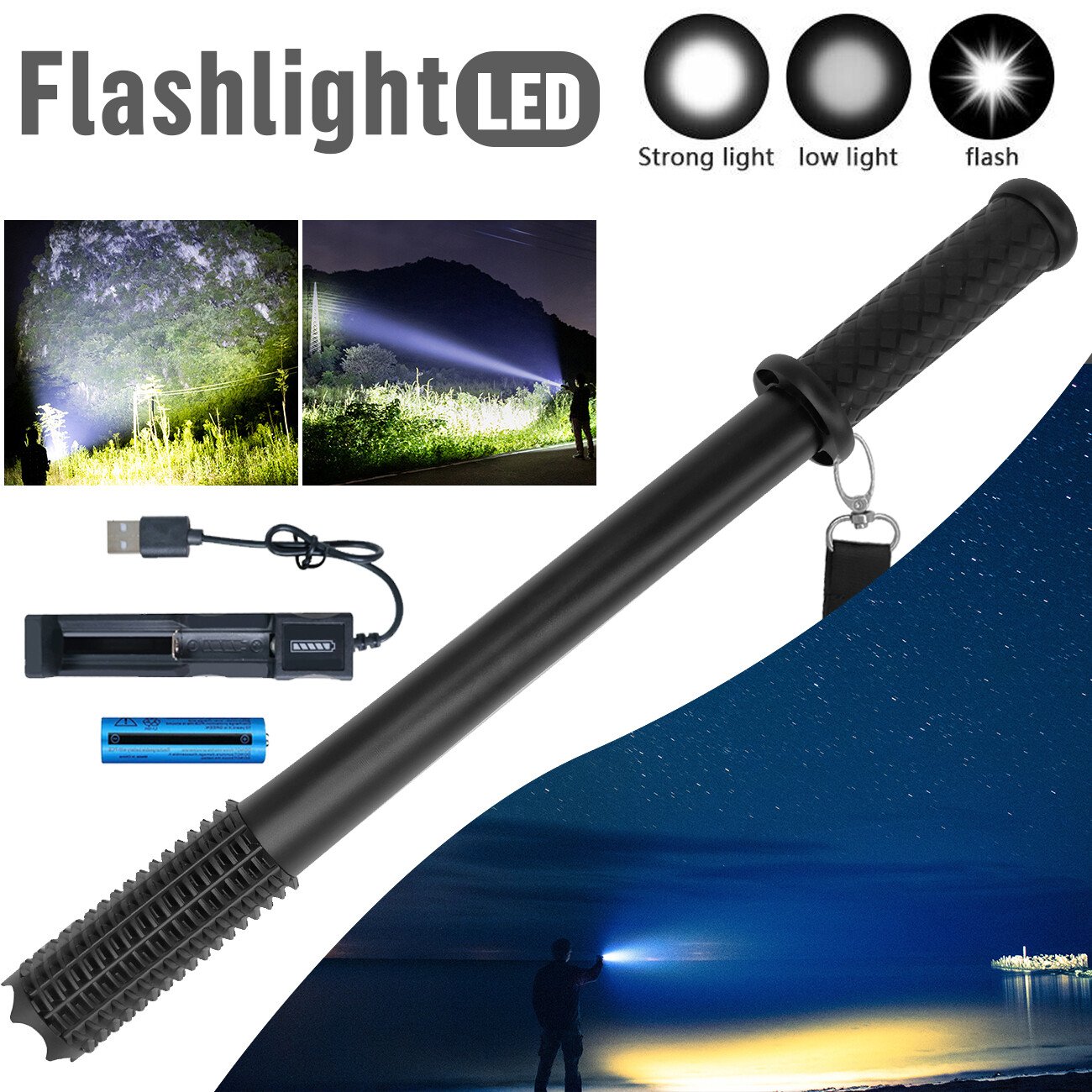 Baseball LED Flashlight Rechargeable Torch Spotlight Emergency Security ...
